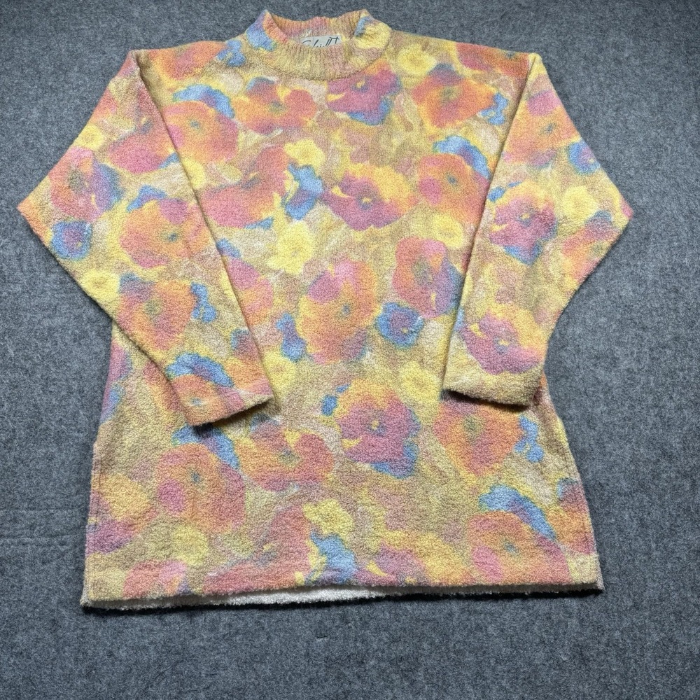 Gabriela T Floral Sherling Sweater Women's L Yellow Wool Blend Long Sleeve Italy